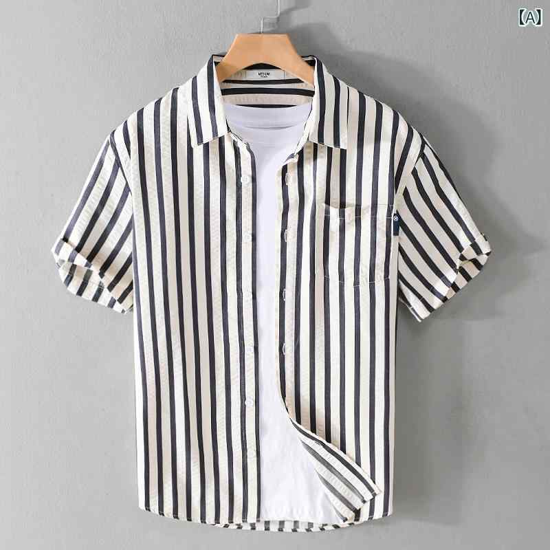 Men's Clothing - メンズ シャツ トップス 短袖 ストライプ柄 綿 ポリエステル 吸湿速乾 軽熟 ワイドフィット オープンカラー 黒 緑 カーキ 夏季 青年 休闲 普段使い 通勤