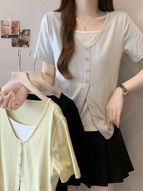 Tシャツ レディース 大きいサイズ 短袖 偽ツーピース 切り替え コットン混紡 丸首 セットインスリーブ 気質 通勤スタイル 黒 黄色 青 春夏 かわいい 減齢 ゆったり トップス 普段使い 軽量 伸縮性