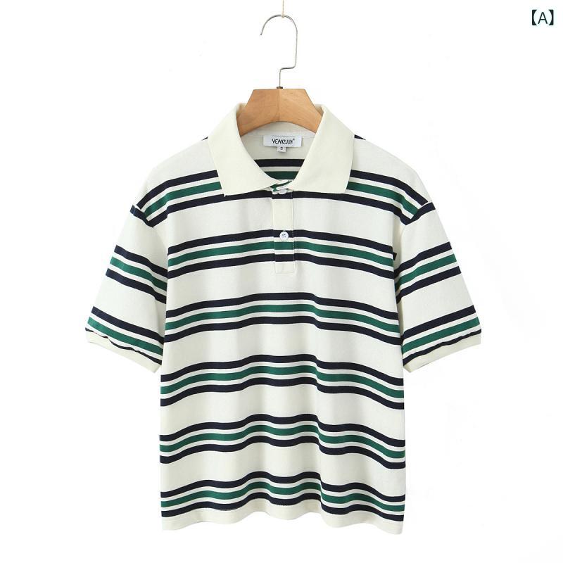 Other - Tシャツ レディース 短袖 コットン 切り替え 条紋 白 紫 街頭風 春季 セットアップ トップス 綿素材 95%以上 普通丈 翻領 セットアップ 個性スタイル 欧米風