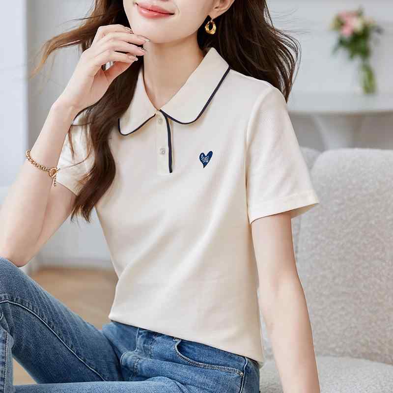 Tシャツ 女性用 短袖 春夏 ピンク ハート柄 切り替え ポロシャツ トップス 粘膠繊維 白 直筒 セットアップなし 日常 通勤 百搭 柔軟 快適 シンプル カジュアル スタンダード