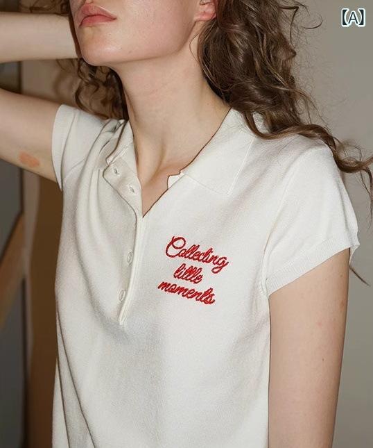 Other - ポロシャツ 女性用 夏 白 刺繍 切り替え ポロ襟 ニット ヘンリーネック 法式 トップス 通勤 通勤風 気質 広幅 普通丈 3分袖 純色 2025 夏季 均一サイズ スレンダー 素材 スパンデックス 混紡
