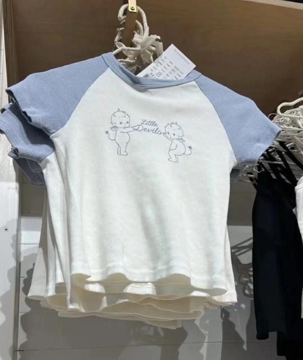 Tシャツ 女性用 修身型 切り替え 肩落とし袖 高腰 綿 短袖 トップス セットアップ風 少女風 清新 甘め 印花柄 丸首 セットインスリーブ ブルー ピンク 春季 オールシーズン かわいい 普段使い