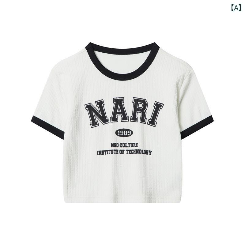 レディース Tシャツ 短袖 短め クロップド 丸首 セットインスリーブ スライス プリント 文字柄 数字柄 ポリエステル ポリウレタン 混紡 フィット シンプル 日常使い カジュアル 韓国風 日系 ミルクホワイト ピンク 夏 トップス インナー コーディ