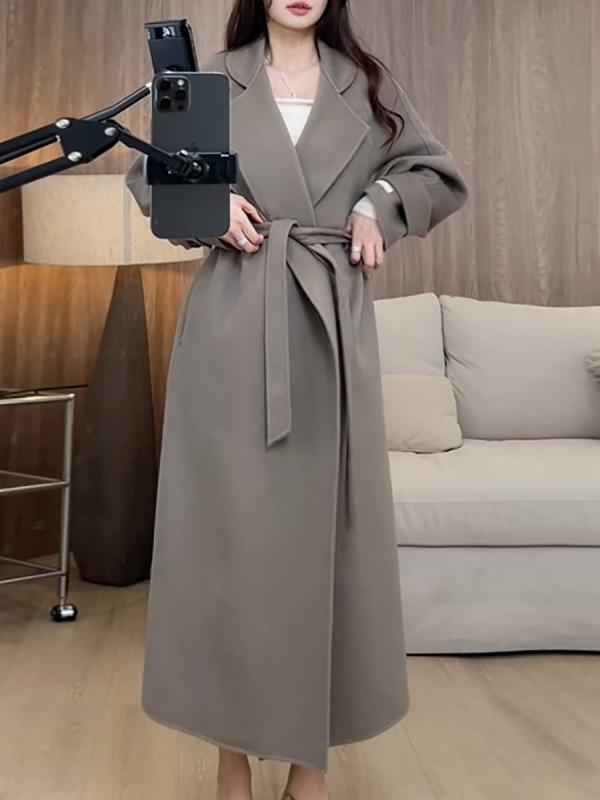 コート レディース グレー 襟付き ウール リバー仕立て ロング丈 ゆったり シルエット ベルト付き カシミヤ混 秋冬物・カテゴリ: レディースウールコート・スタイル: 通勤・素材: ウール95%以上・柄: 無地・厚さ: 中肉・シルエット: ルーズ・着丈: 80-100cm・襟: 折り襟・袖丈: 長袖・加工: パッチワーク・カラー: エレファントグレー・サイズ: S,M,L・対象年齢: 大人・流行要素: リボン結び・性別: レディース・袖の形: レギュラー