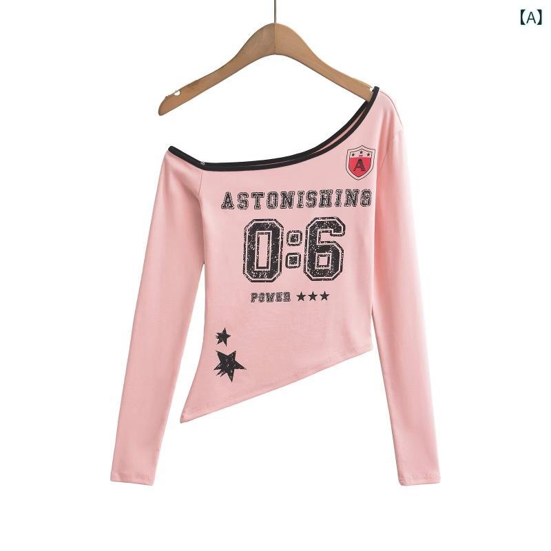 Tシャツ レディース 長袖 インナー 秋 ワンショルダー 斜め首元 プリント 色切り替え コットン 素材 かわいい デザイン 骨格ライン 強調 ピンク 黒 赤 街頭 スタイル 欧米風 潮人 ファッション 軽量 伸縮性 普段使い 通勤 デイリー