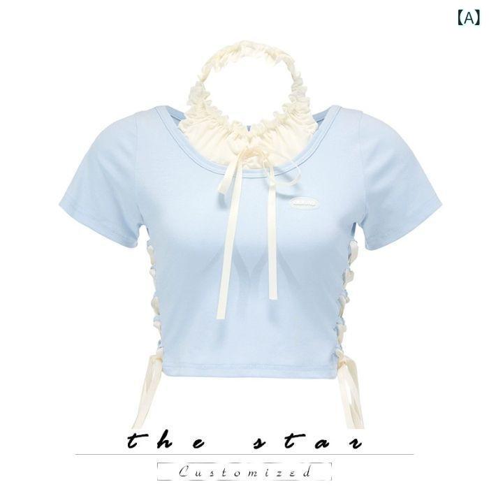 Tシャツ レディース 春夏 ハングネック バインダー 蝶ネクタイ 短袖 切り替え ブルー 修身型 短丈 セットアップ風 日韓スタイル 気質 ピース 綿混 涼しい 普段使い 通勤