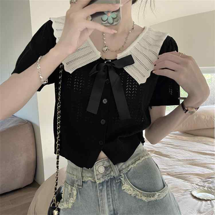 其它 - レディース カーディガン 蝶結び 切り替え デザイン ニット トップス 短丈 薄手 夏 涼しい 接触冷感 ポリエステル 混 三分袖 修身 甘辛 スタイル 灰 黒 杏 粉 卡其 私服 コーデ
