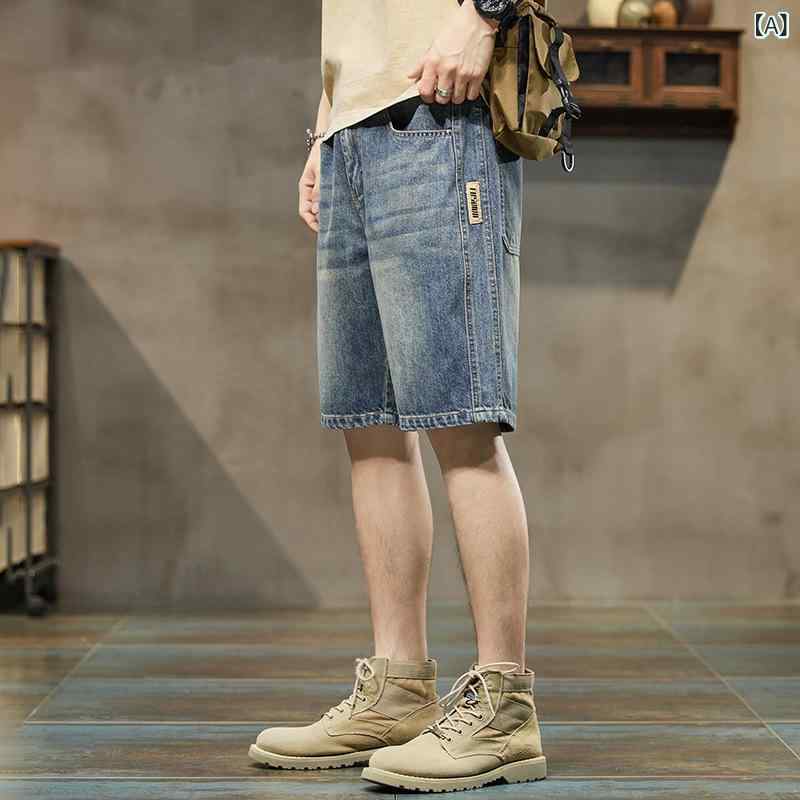 Rakuten - メンズ ショーツ 工装 デニム 短パン 夏用 薄手 ゆったり ストリート スタイル ワイド レッグ 膝上 ズボン 綿素材 微弾性 直筒 裾 水洗加工 ジッパー 開閉 中腰 ポケット 装飾 日常 使い 青 ライトブルー ダークブルー ミディアムブルー