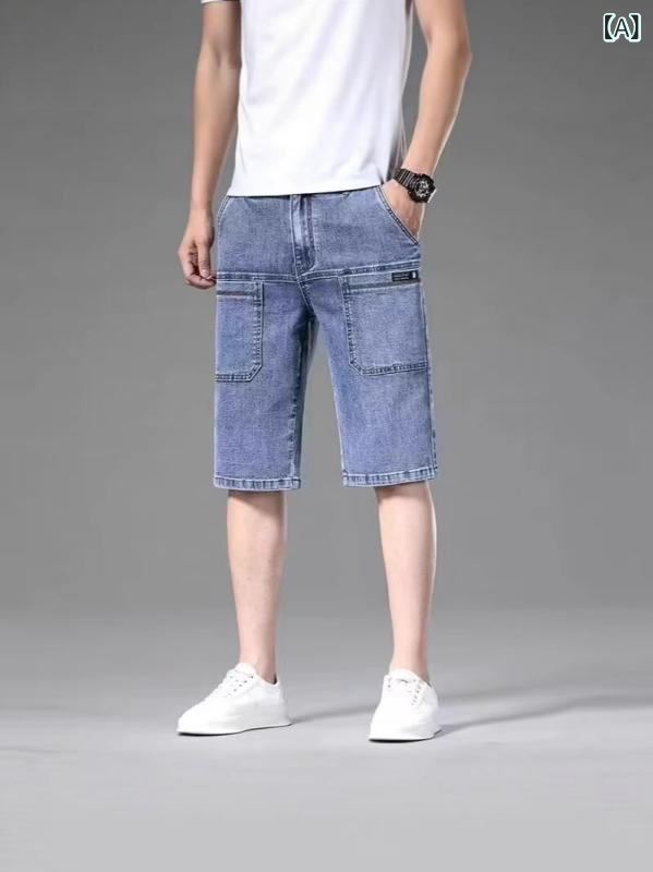 乐天商城 - メンズ デニム ショートパンツ 七分丈 修身 直筒 薄手 夏 軽量 微弾性 ポリエステル 混合 ウォッシュ加工 口袋 飾り 浅青 黒 灰 青 日常 トレンド 百搭 工装 スタイル 休闲 都市 青年 向け