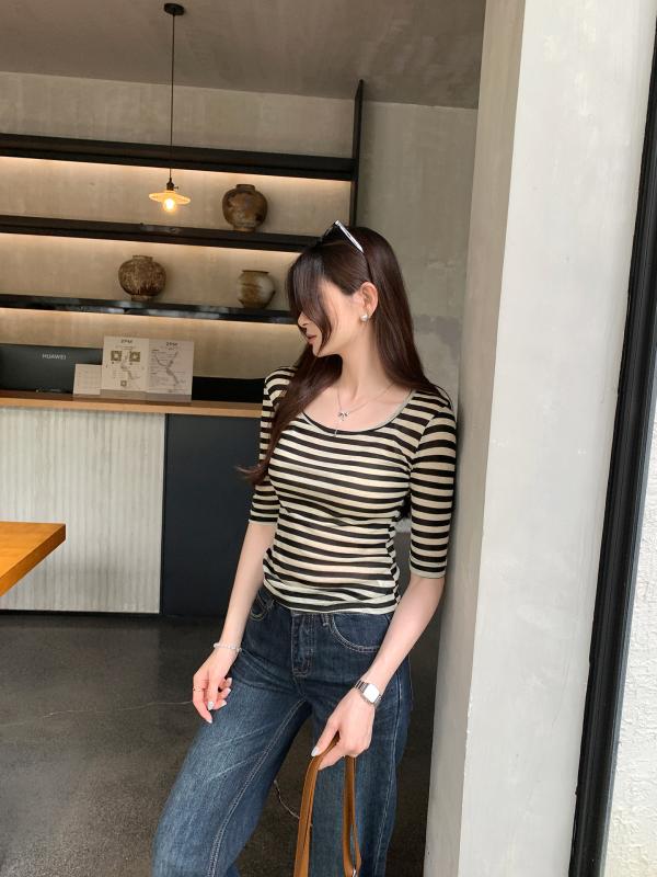 Tシャツ 女性用 薄手 レイヨン繊維 ポリエステル ストライプ 柄 格子 柄 撞色 短袖 セットインスリーブ ラウンドネック 修身シルエット ピッタリフィット 切り替え デザイン 掐腰 トップス 気質 通勤風 気質 優雅 スタイル ブラック 杏色 グレー