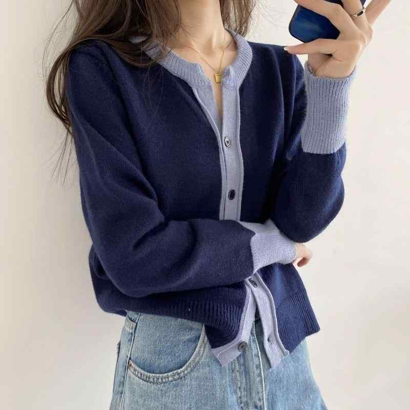 ニット カーディガン 女性用 開襟 長袖 ボタン 切り替え デザイン ポリエステル 素材 黒 緑 ベージュ 韓国風 ゆったり トップス 秋冬 シンプル モダン 快適 日常使い