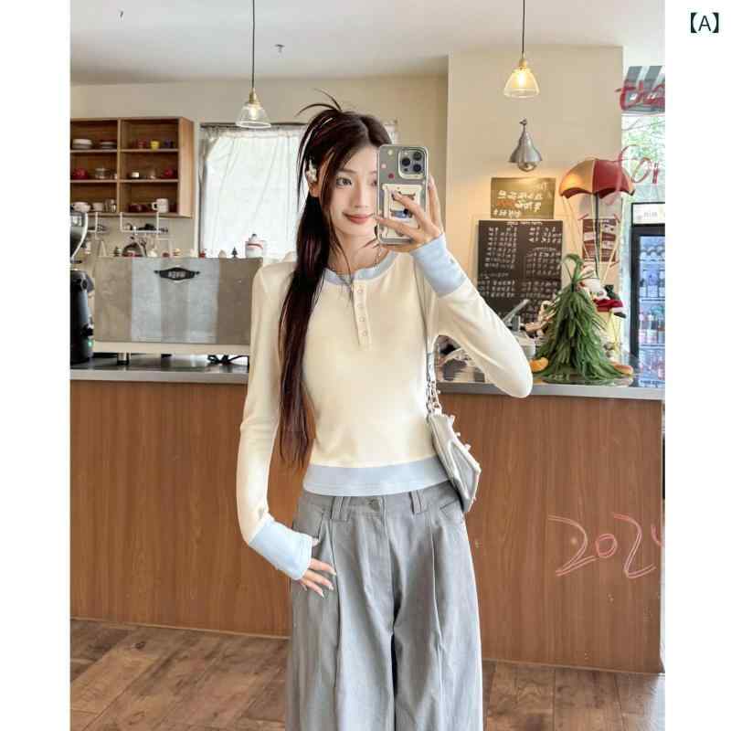 Tシャツ レディース 春季 杏色 長袖 修身 ラウンドネック フェイクツーピース 切り替え デザイン ポリエステル 素材 90-95% 韓系 スタイル 甘め 清新 日韓 休闲 トップス 内側 インナー セットアップ 風 普通 丈 50-65cm ボタン