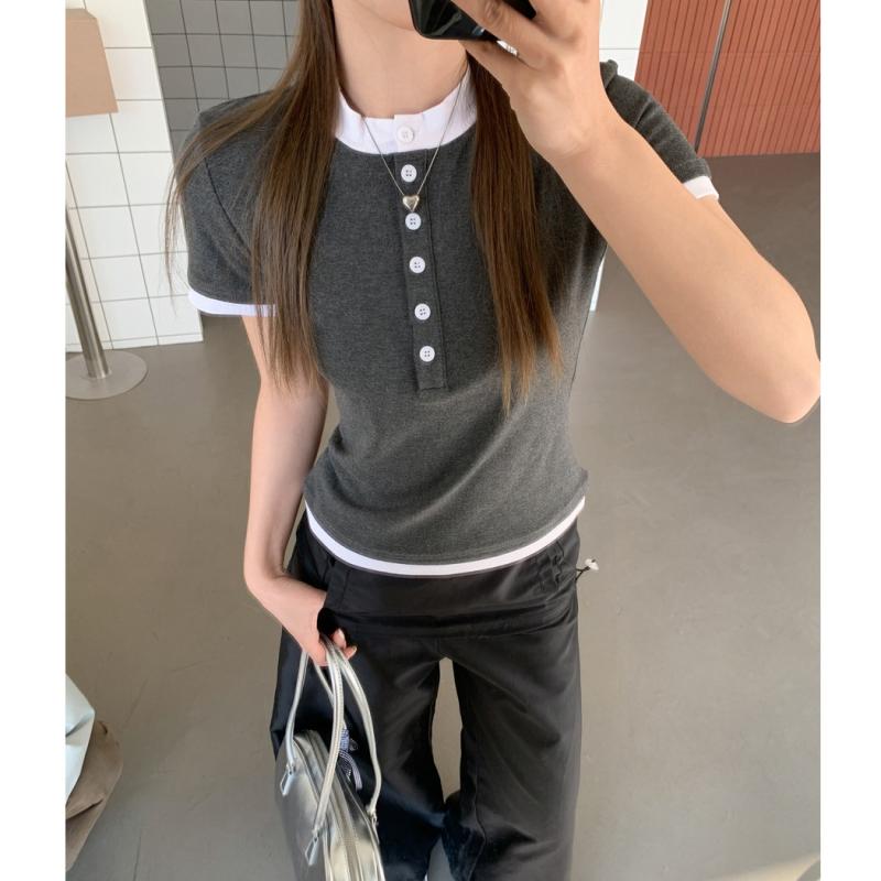 レディース Tシャツ 短袖 春季 灰 切り替え ボタン 修身 綿混 ポリエステル スパンデックス 丸首 鎖骨見せ スリム デイリー カジュアル 軽量 通勤 普段使い
