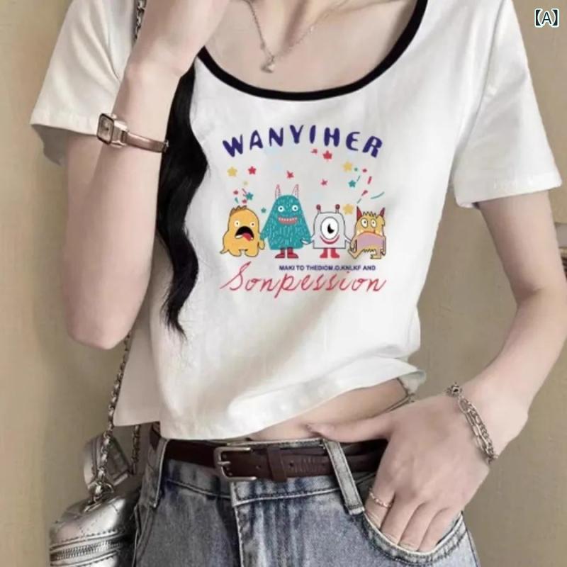 Tシャツ レディース 短袖 修身 短款 丸首 ヘビースウェット プリント 文字柄 少女風 清新 かわいい 夏 ポリアミド ポリウレタン 伸縮性 軽量 ハイウエスト セットアップ風 トップス ブラウス シャツ 普段使い 通勤 デイリー デニム 綿混 白 藍