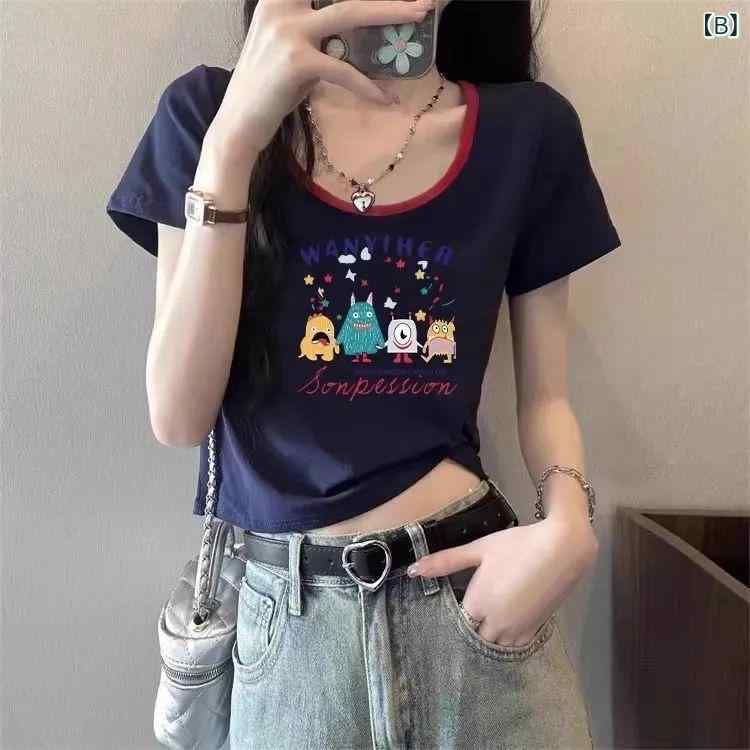 Tシャツ レディース 短袖 修身 短款 丸首 ヘビースウェット プリント 文字柄 少女風 清新 かわいい 夏 ポリアミド ポリウレタン 伸縮性 軽量 ハイウエスト セットアップ風 トップス ブラウス シャツ 普段使い 通勤 デイリー デニム 綿混 白 藍 2