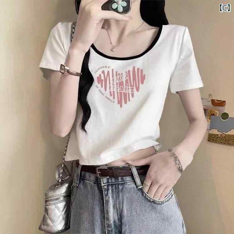 Tシャツ レディース 短袖 修身 短款 丸首 ヘビースウェット プリント 文字柄 少女風 清新 かわいい 夏 ポリアミド ポリウレタン 伸縮性 軽量 ハイウエスト セットアップ風 トップス ブラウス シャツ 普段使い 通勤 デイリー デニム 綿混 白 藍 3