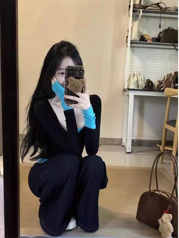 Tシャツ レディース 長袖 Vネック 切り替え 修身 コットン 綿 スパンデックス 混紡 通勤 気質 ブラック 春季 トップス 内搭 セクシー ピュア 欲情 フィット セーター ブラウス シャツ 普段使い 軽量 伸縮性 普通丈 セットアップ風 春夏 秋冬