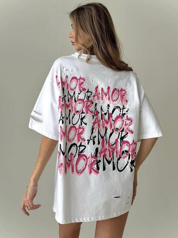Tシャツ 女性用 短袖 ラウンドネック ルーズフィット プリント柄 コットン 素材 ストリートスタイル セクシー かわいい トップス ブラウス シャツ 白色 黒 白 黒 春夏 日常使い 外出着 カジュアル トレンド