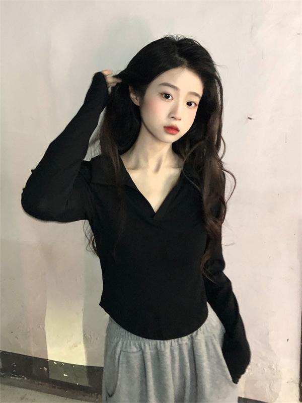 Tシャツ 女性用 ポロ 襟 長袖 白 黒 切り替え 短丈 修身 セットインスリーブ アイスシルク 接触冷感 紺染 プリント ピュアカラー 清新 甘い 学院風 気質 優雅 早秋 上衣 学生服 普段使い デイリー カジュアル トップス インナー シャツ ブラ