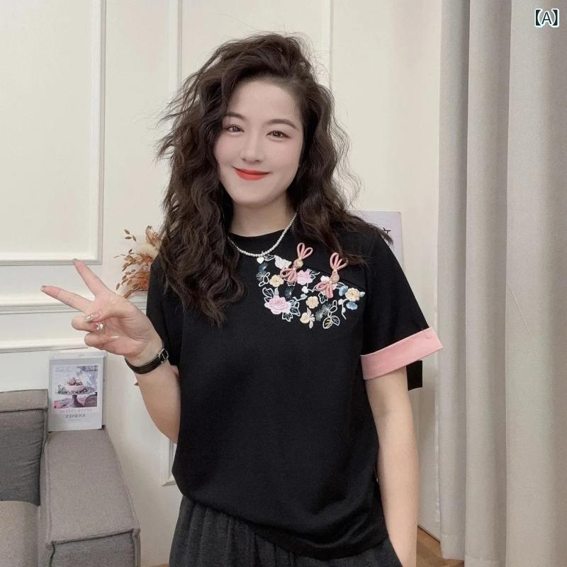 樂天商城 - Tシャツ 女性用 短袖 黒 白 夏 刺繍 デザイン 3D 立体 柄 通勤 スタイル 気質 涤纶 ポリエステル 繊維 丸首 普通 丈 免烫 処理 セクシー 辣妹 風 東南アジア 向け クロスボーダー 爆款 ファッション 洋気 新中式 国風 上衣