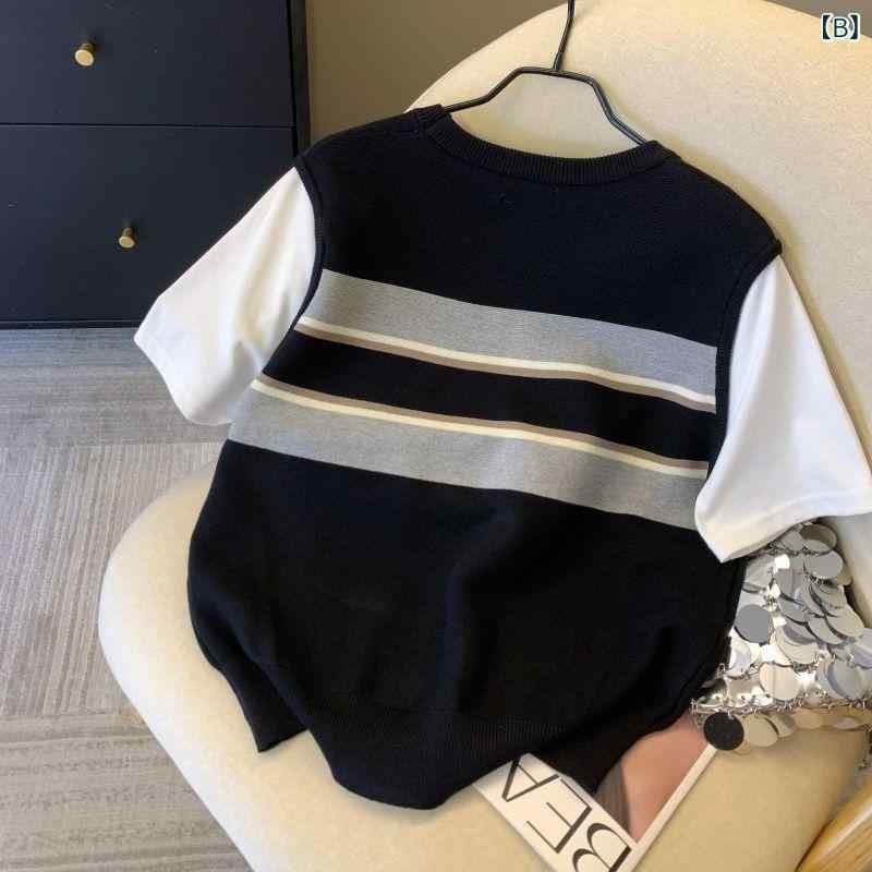 レディース ニット トップス 偽ツーピース 撞色 条紋 短袖 Tシャツ 夏 学院風 馬甲 レイヤード 韓国スタイル 正肩 上衣 薄手 ポリエステル 繊維 ストライプ 柄 ゆったり シルエット ルーズ フィット 丸首 三分袖 セットアップ風 通勤 スタイル 2