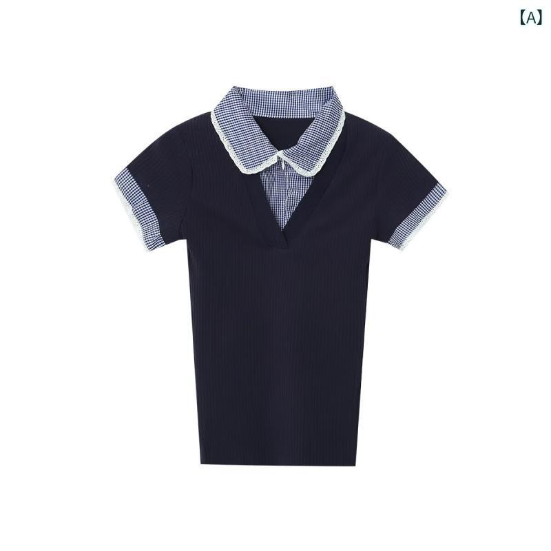 Rakuten - Tシャツ レディース 女性用 春夏 ポロ領 無袖 短丈 修身 切り替え柄 立体パターン 街頭スタイル ポリエステル 混紡 紺 海 茶 ピグメント ファッション シンプル ベーシック コットンライク 軽量 伸縮性 トップス ブラウス ポロシャツ ポロトップ