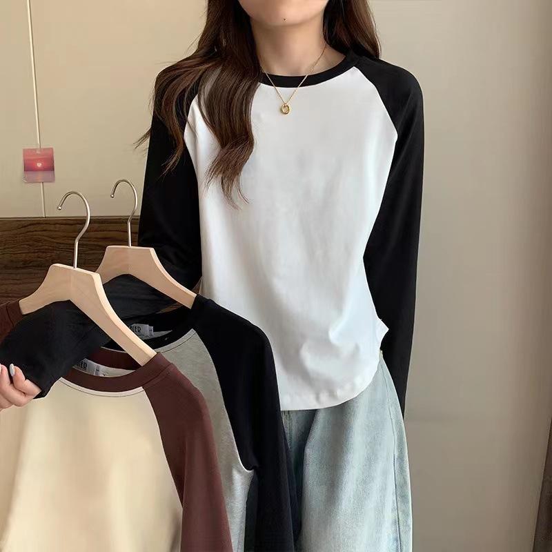 Tシャツ レディース 長袖 接触冷感 ポリエステル 切り替え 丸首 修身 スリムフィット インナー トップス 白 グレー 杏色 春季 秋季 日韓風 原宿風 快適 休闲