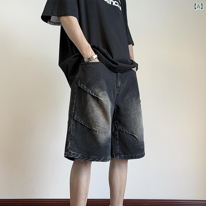 乐天商城 - メンズ デニム ショートパンツ 牛仔 短パン 五分丈 夏 薄手 ゆったり ワイド レッグ 水洗い 中間丈 綿 素材 微弾性 復古 スタイル 黒 ブルー 軽量 ストリート カジュアル 普段使い