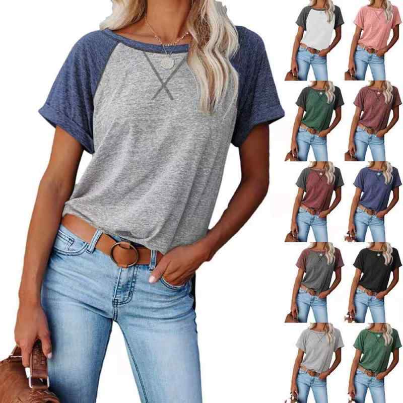 Tシャツ レディース 春夏 短袖 切り替え トップス 綿混紡 ポリエステル プルオーバー 丸首 ルーズフィット 普通丈 ゆったり ストリートスタイル 快適 深灰 緑 白 酒紅