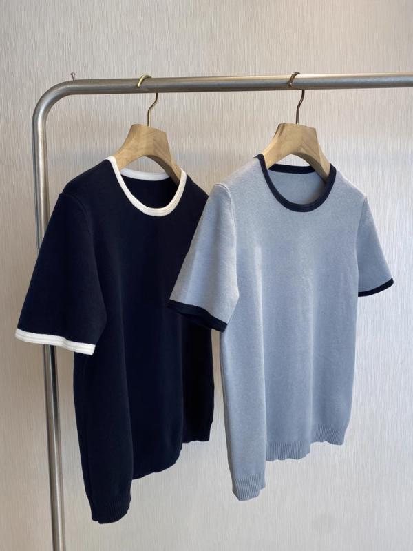 Tシャツ レディース 短袖 丸首 切り替え コットン混 紡績繊維 ビスコース 紡績 ピグメント カラーブロック 浅青 紺 日韓 スタイル カジュアル シンプル 気質 エレガント 2025 夏 シーズン トップス プルオーバー 普通丈 50-65cm 規格