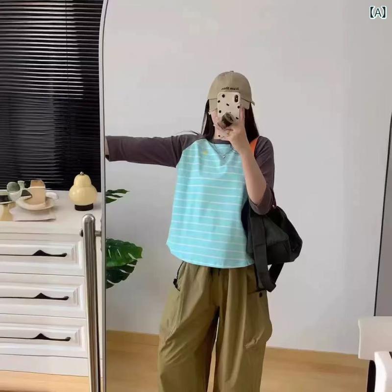 Tシャツ レディース 春夏 条紋 切り替え 七分袖 綿 再生繊維 緑 湖ブルー 白 丸首 ゆったり 3D 立体柄 日韓 カジュアル 柔軟 日常使い トップス インナー コットン 柄物 カラーブロック ラウンドネック ルーズフィット 夏用 軽やか 女性向け