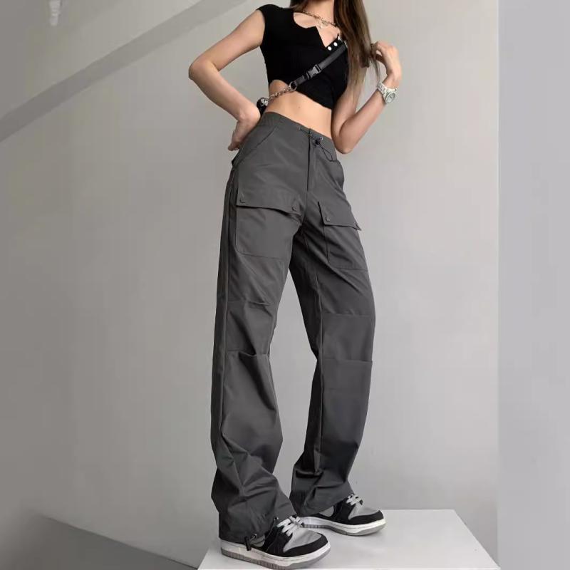 乐天商城 - レディース 工装パンツ ワイドレッグ ロング 低腰 復古 ストリートスタイル 春秋 オールシーズン ポリエステル 素材 95% 以上 涤纶 無弾力 中厚 黒 深灰 休闲 潮人 風 街頭 ファッション 女性用 ゆったり シルエット 降落伞 型 普段使い 通