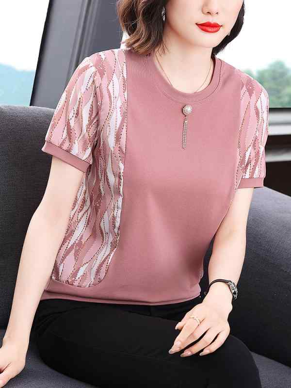 Tシャツ レディース 中年女性 夏 短袖 綿 スパンデックス 切り替え 丸首 ゆったり 気質 通勤 都市 紫 灰緑 ピンク 95% 以上 30% 以下 M L XL 2XL 3XL 4XL 普通丈 50cm 65cm