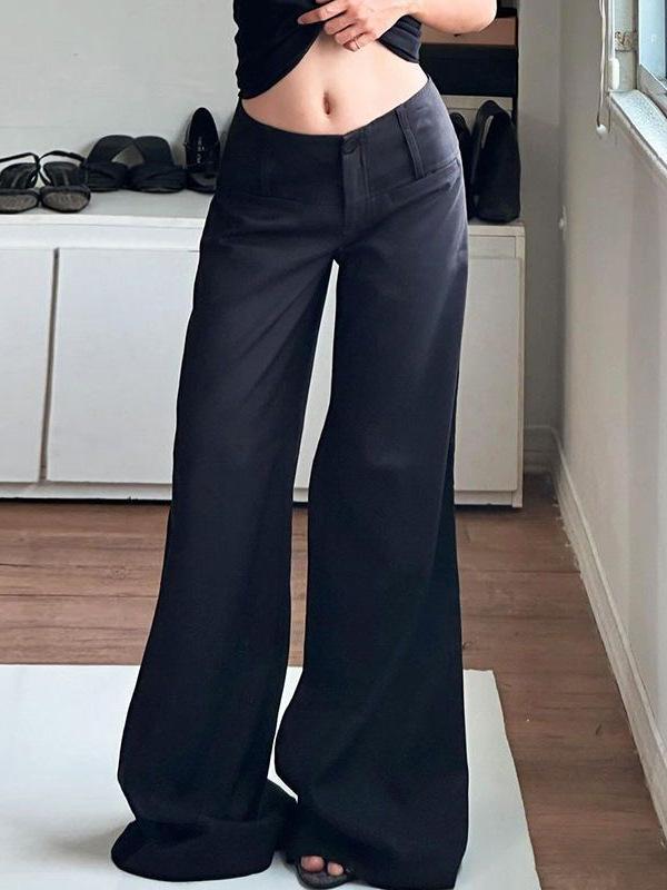 Long Pants - レディース スーツパンツ ワイドレッグパンツ 純色 黒 春夏 薄手 ゆったり ロング丈 中腰 低腰 口袋 免烫 街頭潮流 女性 無弾力 基本款 百搭 スリム スパイシー ガールズ スタイル カジュアルパンツ 日常使い 軽量 シンプル ロングパンツ ゆった