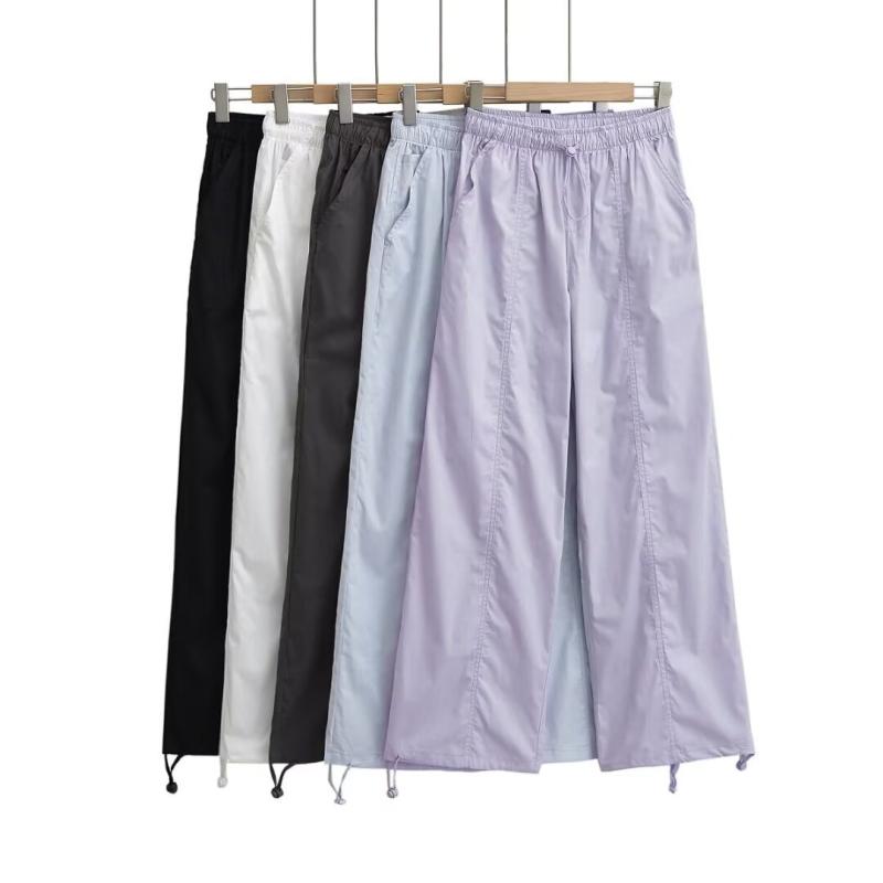 Rakuten - レディース ワイドパンツ 直筒 工装 秋冬 ハイウエスト ドローストリング ゆったり シルエット 長丈 涤纶 素材 白色 黒 浅紫 通勤 普段使い ストリート スタイル 欧米風 カジュアル 軽量 伸縮性 通気性 快適 着用