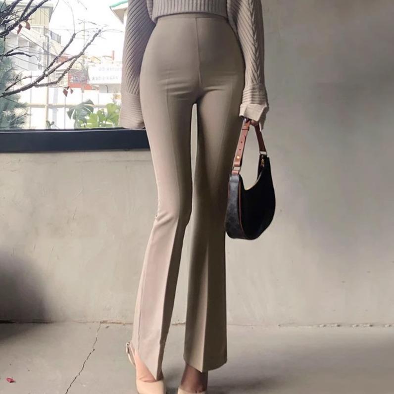 Capri Pants - レディース ロングパンツ ハイウエスト マイクロフレア サイドジッパー 黒 卡其 中厚手 中弾性 気質 優雅 私服 普段使い 通勤 軽やか スリム シルエット 伸縮性 春季 オールシーズン コーデ