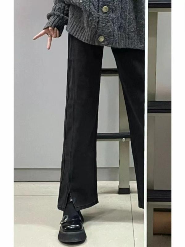 Rakuten - レディース デニムパンツ 梨型身材向け 開き 早秋 ぽっちゃり ヒップカバー 微ラッパ ワイドパンツ 大きいサイズ 高腰 スリム ストレート 黒 黒グレー 薄手 中厚 微弾性 長丈 私服 御姐風 牛仔布 雪尼尔 加工 切り替え 軽量 伸縮性 ハイウエスト