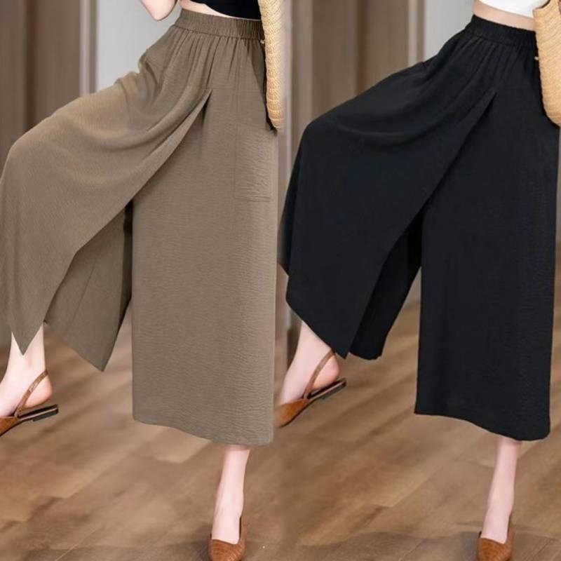 Rakuten - レディース ワイドパンツ スカートパンツ 春夏 薄手 大きいサイズ ゆったり 高腰 スリム 開衩 九分丈 カジュアル スカートパンツ 都市風 通勤 気質 スタイル ポリエステル 95% 以上 ブラック 咖色 コットン風 軽量 伸縮性 ビッグシルエット ハ