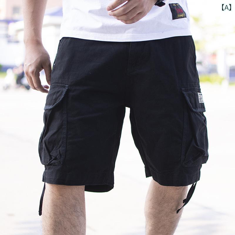 Outdoor - メンズ ショーツ 工装風 夏用 口袋付き ワイドパンツ 大きいサイズ 無地 ポリエステル マイクロストレッチ ブラック 緑 卡其 ストリートスタイル カジュアル 男性 青年 普段使い アウトドア 軽量 通気性 ゆったりフィット オリジナルデザイン