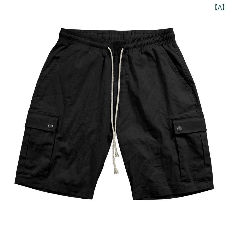 樂天商城 - メンズ ショーツ 工装 短パン 夏用 欧米風 潮牌 スタイル 休闲 男性用 スリムフィット ドローストリング 薄手 五分丈 綿素材 直筒型 微弾性 運動スタイル 黒 浅青 浅灰