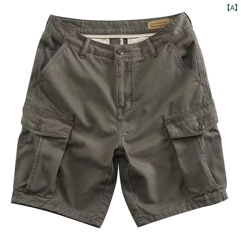 メンズ ショーツ 工装風 直筒 5分丈 ミッドライズ 無腰帯 ボタン開き 薄手 ソリッドカラー 多ポケット 微弾性 コットン混紡 透気性 黒 ..