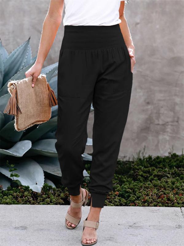 Cropped Pants - レディース 九分パンツ 松腰 高腰 スリム 薄手 開叉 ピンク 卡其 紺 春夏 ポリエステル スパンデックス 切り替え マイクロストレッチ 日韓 カジュアル 快適 日常使い 通勤 軽量 通気性