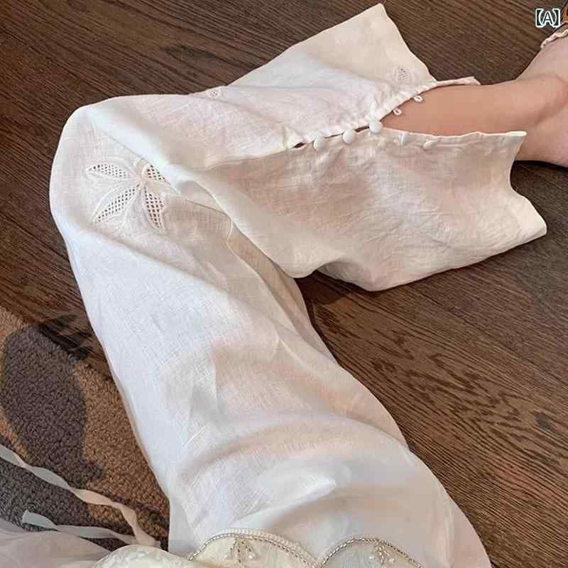 Cropped Pants - レディース ワイドパンツ 白色 刺繍 切り替え 開き 夏 薄手 ポリエステル 混 ゆったり ロング丈 松腰 涼しい 快適 休闲 ファッション 気質 百搭 基本 デザイン 復古 風