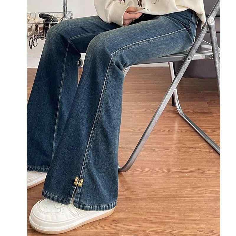 Capri Pants - レディース デニムパンツ ミラーパンツ 高腰 ロングパンツ 切り替え 伸縮性 デニム素材 ポリエステル混 ブルー 春夏 春秋 通勤風 気質 シンプル 普段使い 軽量 スリム ビッグシルエット フラットシルエット ボタン 加工