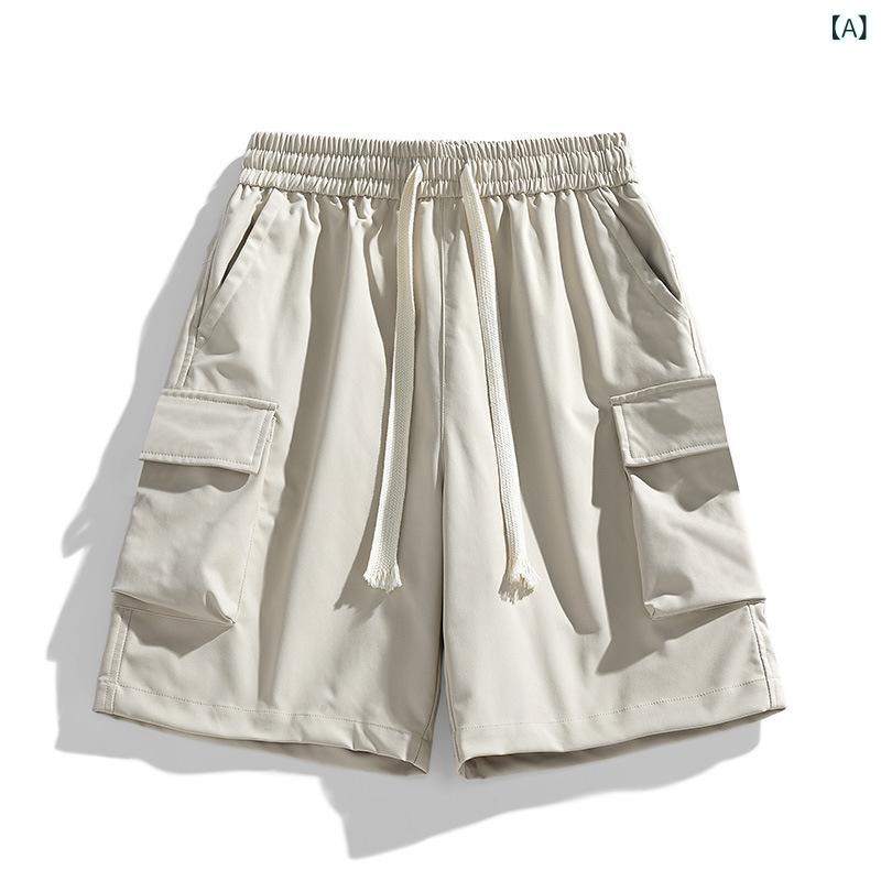 メンズ ショートパンツ 夏季 韓版 純色 多ポケット 伸縮 工装 休闲 直筒型 無弾力 ポリエステル100 杏 軍緑 黒 運動 旅行 ビーチ 日常
