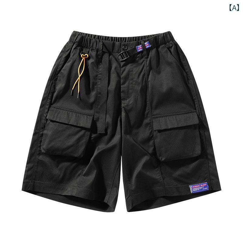 Wear - メンズ 工装パンツ 直筒 八分丈 中腰 薄手 高弾性 竹繊維 綿混 黒 卡其 軍緑 灰青 春季 青春流行 青少年 日常 外出 カジュアル 軽量 伸縮性 ポケット 刺繍タグ 直筒裾 メンズ ショートパンツ ワイド ルーズ デイリー アクティブ