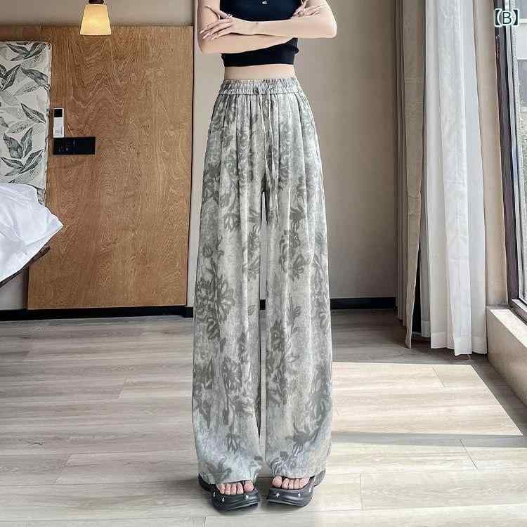 リメイクバディーのレディース ワイドパンツ アイスシルク 接触冷感 薄手 ロング丈 高腰 ゆったり プリント柄 ポケット付き 微弾性 涼感素材 ポリエステル 夏 復古茶 清冷灰 気質通勤 ゆったりシルエット 垂れ感 体型カバー スリム効果 普段使い 洗濯簡単｜アングル2