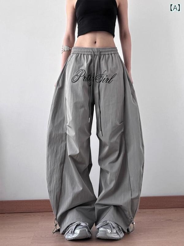 Capri Pants - レディース ワイドパンツ 春季 刺繍 プリーツ ミリタリー 工装 ストリート カジュアル ロングパンツ 灰色 黒 ポリエステル ポリエステル繊維 ゆったり ミッドライズ 中厚 ポケット 免烫 微弾力 個性 街頭風