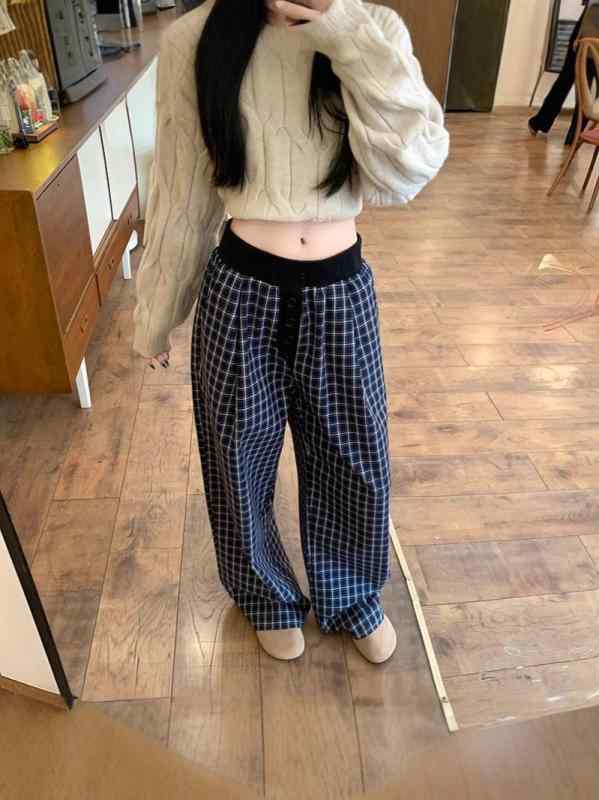 乐天商城 - レディース ワイドパンツ 直筒型 コットン 素材 30%以下 秋冬 韓国風 ゆったり スリム ラフ スタイル 垂れ感 長丈 高腰 中厚 ポケット マイクロストレッチ 快適 デイリー 使い ネイビー チェック 柄
