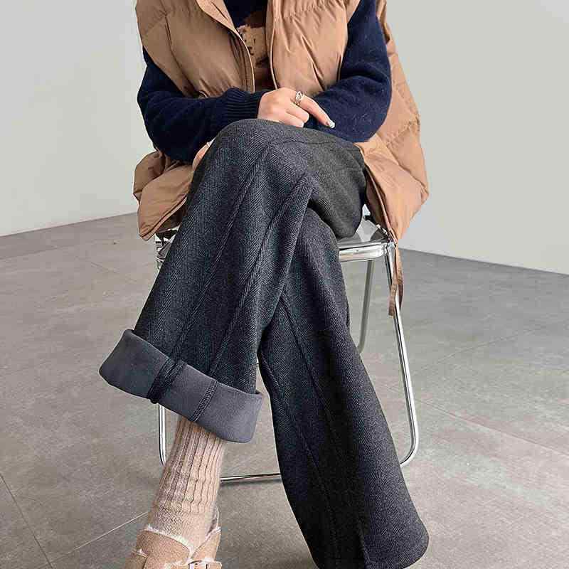 ワイドパンツ レディース 直筒 香蕉型 人字紋 切り替え 薄手 ポリエステル 高腰 微弾性 通勤風 気質 秋冬 杏色 黒灰 remake-buddy-10309347 リメイクバディー パッケージ画像